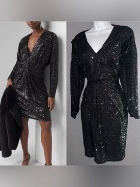 WHBM White House Black Market Women’s Black Sequin Long Sleeve Dress Small 4